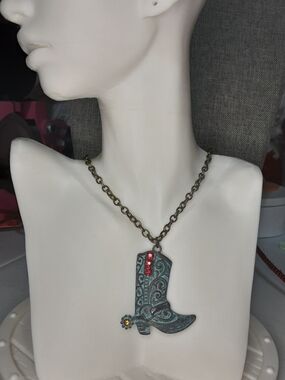 Hand Crafted Cowboy Boot Necklace Blue 22" Long Chain
